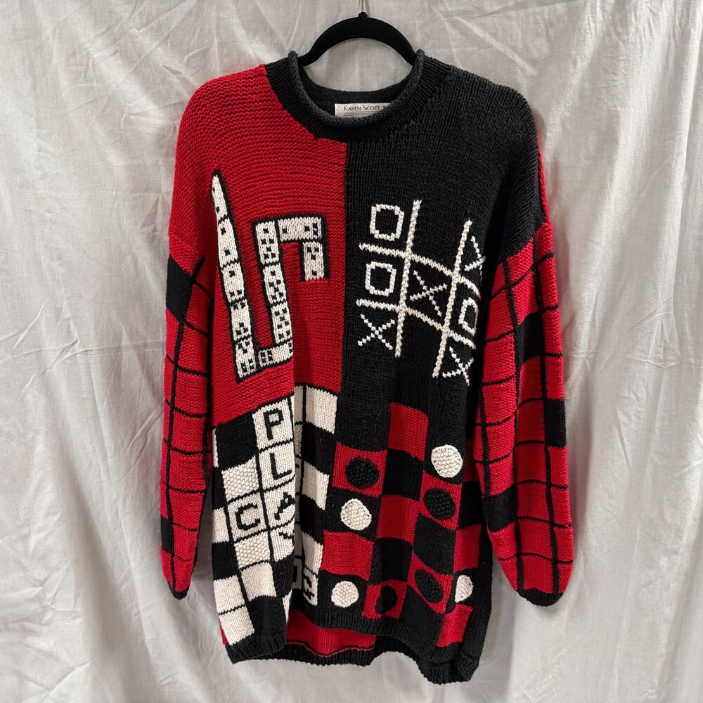 Karen Scott Game Board Sweater Pull Over Red Black White VTG 1X